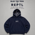 Blue the Tegu x REPTL navy heavyweight hoodie with off-white chest embroidery and tegu-pattern hood lining