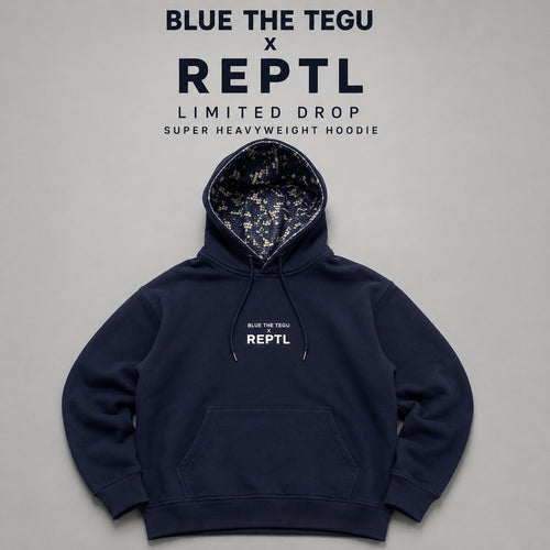 Blue the Tegu x REPTL navy heavyweight hoodie with off-white chest embroidery and tegu-pattern hood lining